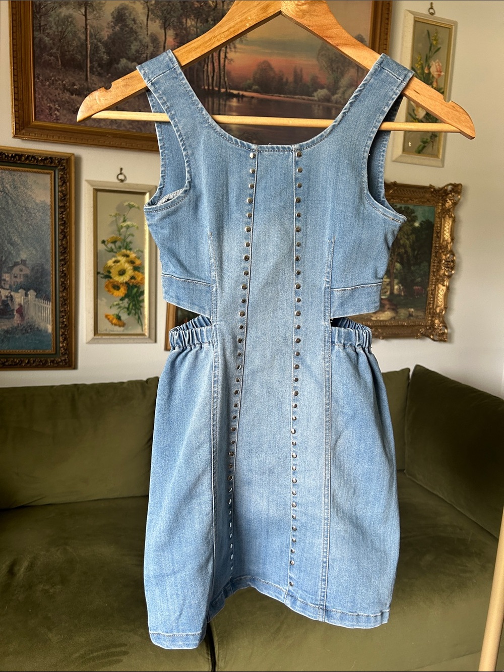 Girls Light Blue Denim Studded Cut Out Dress